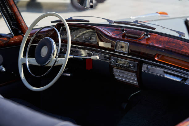 istock Vintage retro car interior, close-up. Old automobile steering wheel 1177069011