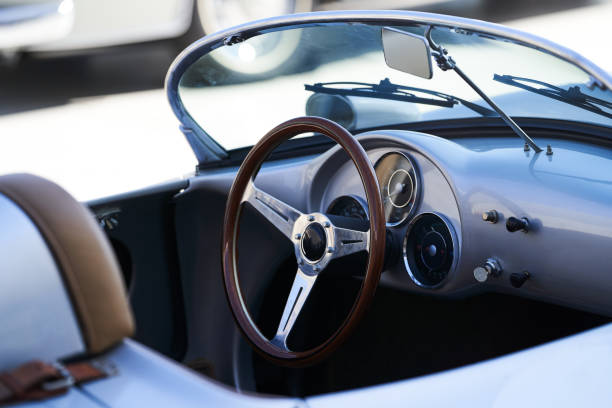 istock Vintage retro car interior, close-up. Old automobile steering wheel 1177069029