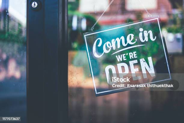Come In Were Open Vintage Black Retro Sign Stock Photo - Download Image Now - Open, Store, Business