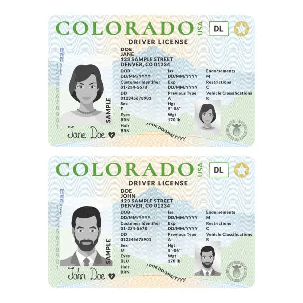 Vector illustration of Vector template of toy driver license plastic card for USA Colorado