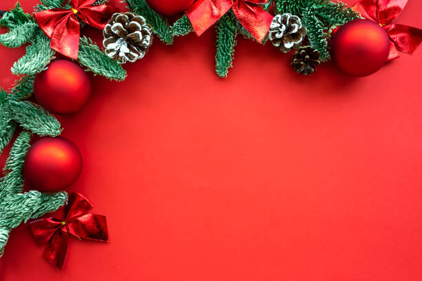 istock Christmas composition.  Background  red colors with decorations. 1177077907