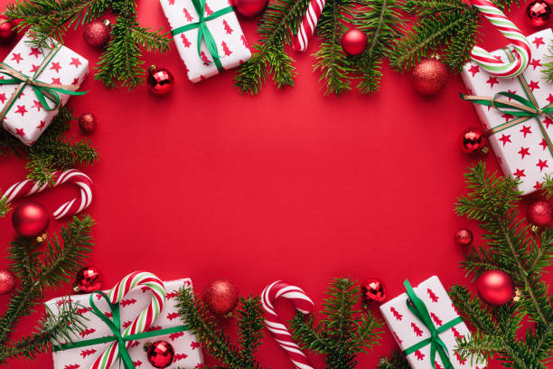istock Christmas and New Year red background with decorative frame 1177078740