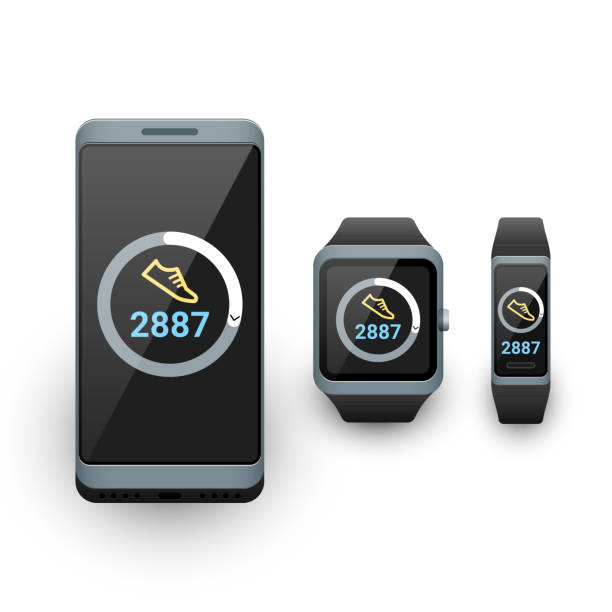 Smartphone, smart watch and activity fitness tracker with steps counter app on screen. Vector illustration Smartphone, smart watch and activity fitness tracker with steps counter app on screen. Vector illustration on white background fitness tracker stock illustrations