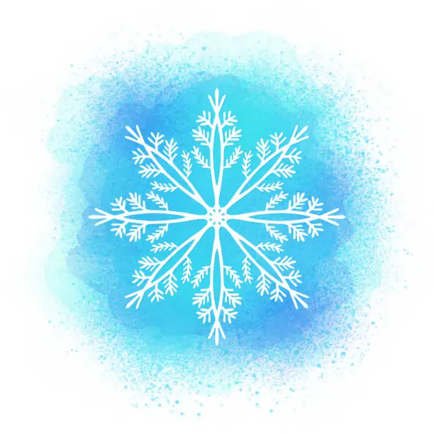 Vector illustration of White Snowflake with Watercolor Turquoise Blue Paint Splashing Droplets Background. Watercolor strokes design element with snowflake. Design Element for Christmas and New Year Greeting Cards and Designs. Winter Holidays Decoration Templete.