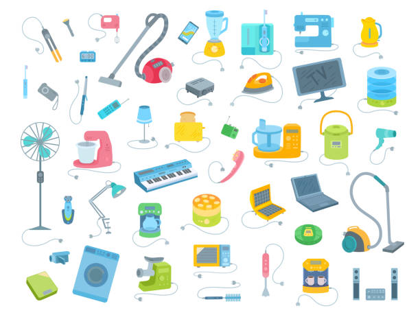 Big collection of electrical equipment icons. Vector illustration set isolated on white background. electronics industry illustrations stock illustrations
