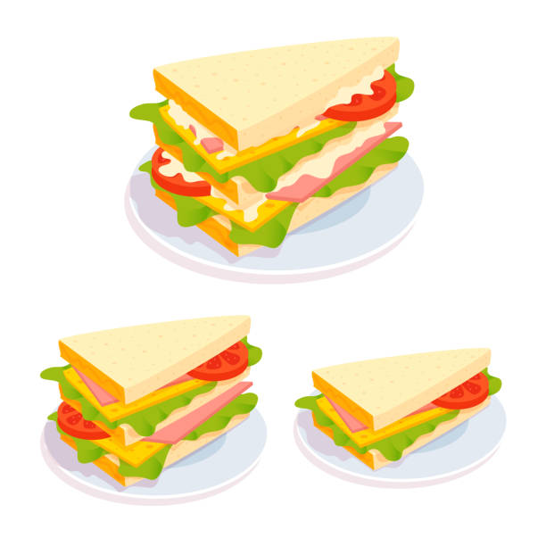 ilustraciones, imágenes clip art, dibujos animados e iconos de stock de sándwich de club en un plato. refrigerio saludable, desayuno. - sandwich ham white background lunch