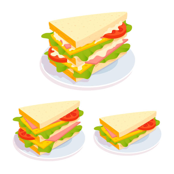 Club sandwich on a plate. Healthy snack, breakfast. Bread, cheese, lettuce, ham, tomato slice, sauce. Tasteful meal. Vector cartoon illustration. lunch clipart stock illustrations