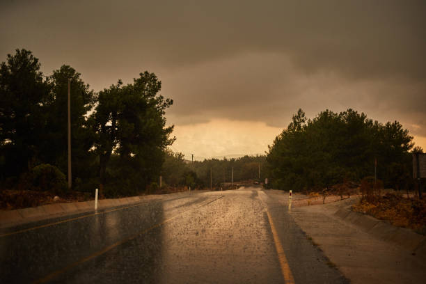 rainy weather asphalt road