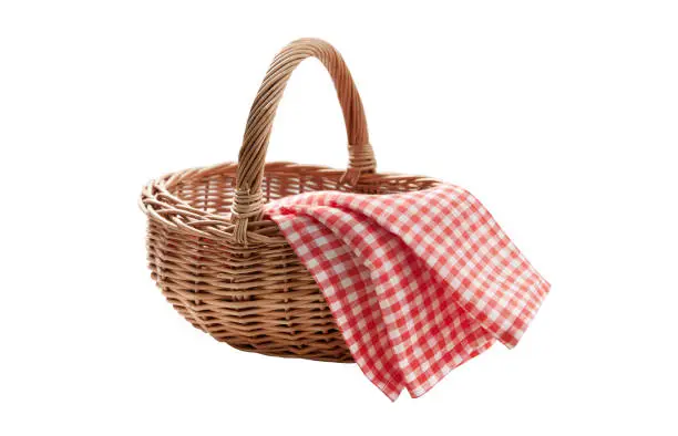 Photo of Red napkin and picnic basket isolated on white.