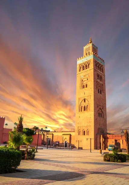 Photo of Koutoubia Mosque minaret in old medina  of Marrakesh, Morocco
