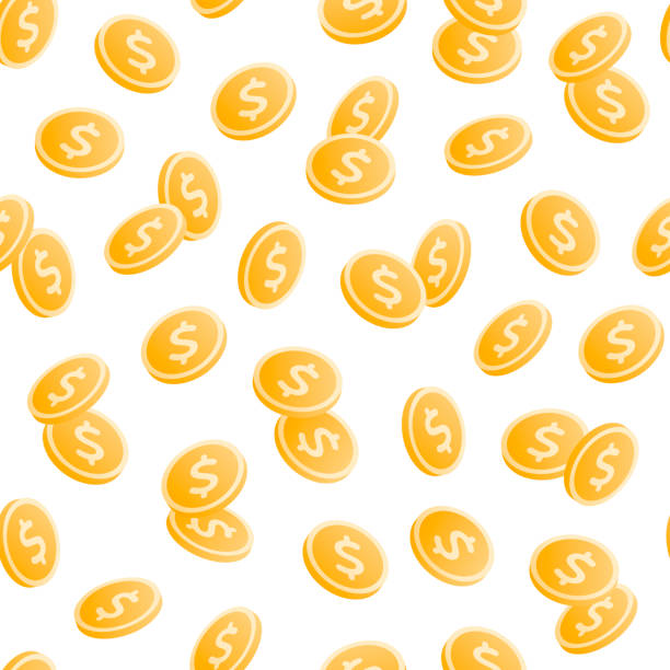 Flipping coin money rain seamless pattern. US dollar sign. Vector coin money seamless pattern illustration. Set of gold dollar coins flip on white background. Design tile element for banner, backdrop, poster, website, casino, game, paper, card. pennies from heaven stock illustrations