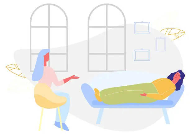 Vector illustration of Woman Lying on Sofa. Woman Sits on Chair at Home.