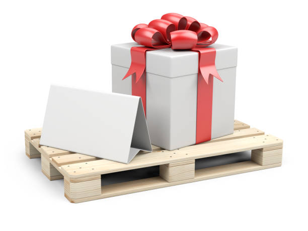 istock Wooden pallet with gift box, ribbons and red bow. With a template for congratulations. 1177089310