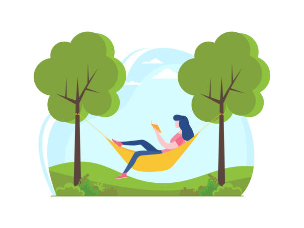 Informational Flyer Relationship with Literature. Informational Flyer Relationship with Literature. Need for Independence and Freedom from Each Other. Advertising Banner Girl Lying in Hammock and Reading Book. Vector Illustration. hammock stock illustrations