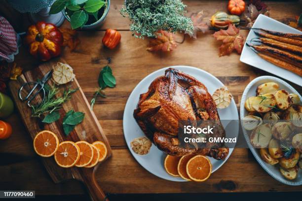 Preparing Stuffed Turkey For Holidays In Domestic Kitchen Stock Photo - Download Image Now