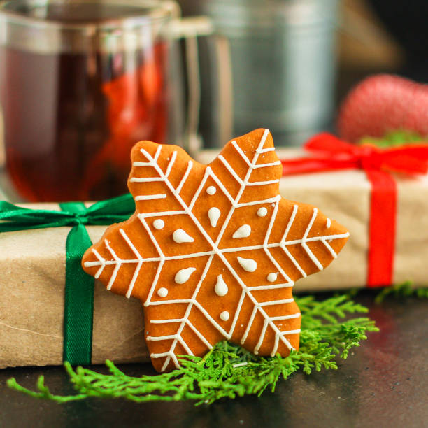 gingerbread cookies, christmas atmosphere (new year holiday, sweets) menu concept. food background. copy space. Top view