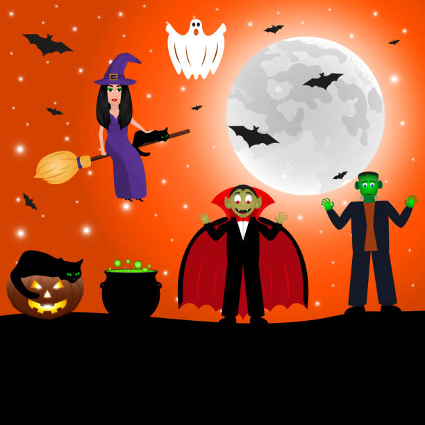 ilustrações de stock, clip art, desenhos animados e ícones de witch with a cat on a broomstick for halloween against the background of the moon with bats. - jack fruit