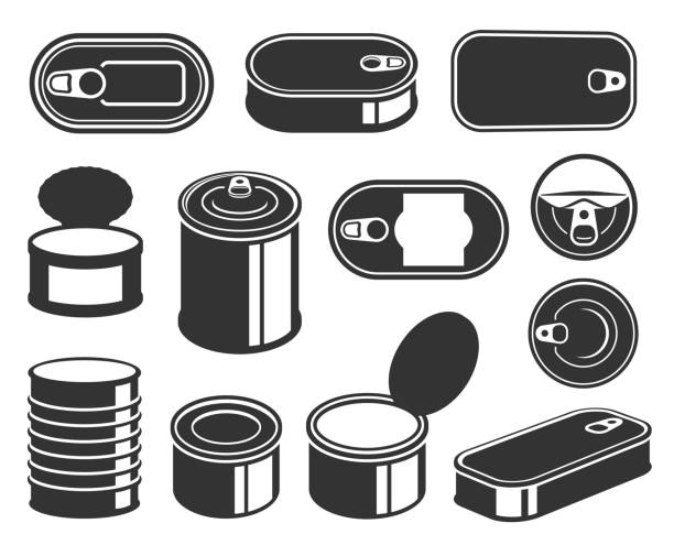 illustrazioni stock, clip art, cartoni animati e icone di tendenza di set vettoriale icone glifi neri lattine di latta - can canned food container cylinder