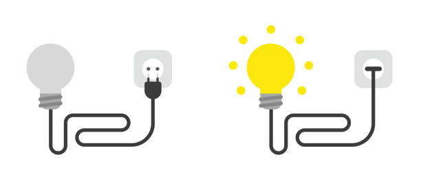 ilustrações, clipart, desenhos animados e ícones de jogo do ícone do vetor da ampola com cabo, plugue e obstruído na tomada e na incandescência. - electric plug outlet electricity cable