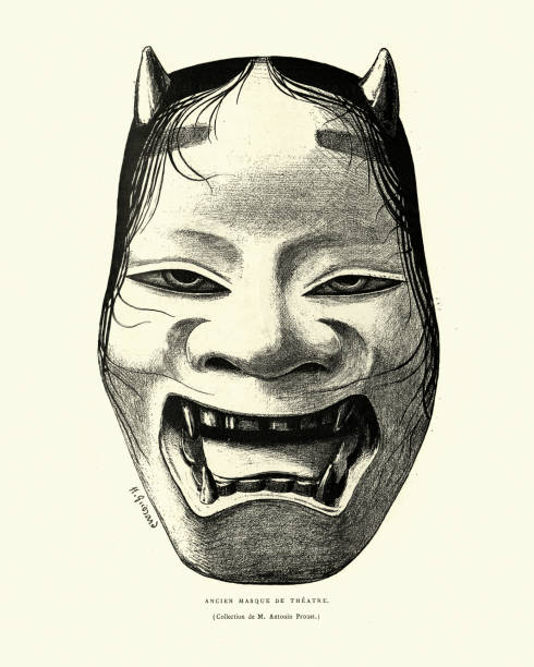 Ancient Japanese theatre mask, Horned demon or devil Vintage engraving of a Ancient Japanese theatre mask, Horned demon or devil devils horn stock illustrations