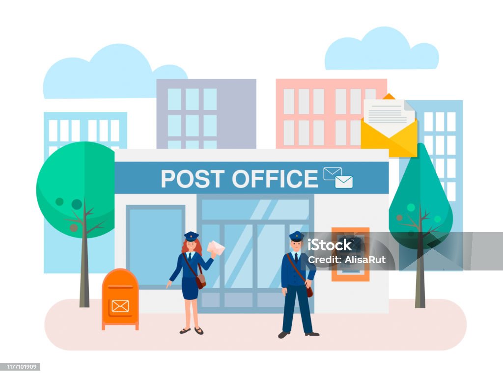 Gedung kantor pos dengan kotak surat di luar dan ATM di dinding gedung dan pekerja pos. - Bebas Royalti Eksterior bangunan vektor stok Gedung kantor pos dengan kotak surat di luar dan ATM di dinding gedung dan pekerja pos. - Bebas Royalti Eksterior bangunan vektor stok