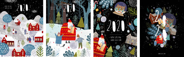 ilustrações de stock, clip art, desenhos animados e ícones de 2020! merry christmas and a happy new year! vector illustration with the congratulation of the coming year, night winter cityscape, family and children with santa claus and numbers 2020. - family christmas