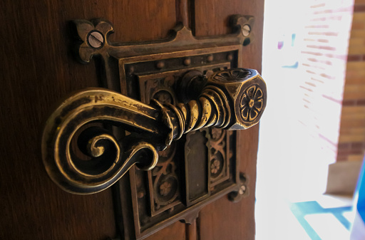 Bucharest, Romania - September 01, 2019: The door handle of The Coral Temple from Bucharest, raised between 1864-1866, the most impressive and beloved synagogue from Romania. Image for editorial use.