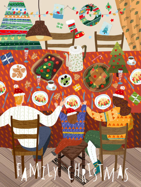 Merry Christmas and a happy new year in the family. Vector illustration of mother, father and child having a dinner at home in the decorated living room. Drawing for background, poster or card. Merry Christmas and a happy new year in the family. Vector illustration of mother, father and child having a dinner at home in the decorated living room. Drawing for background, poster or card. christmas family party stock illustrations