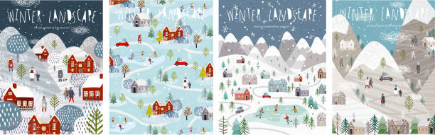 ilustrações de stock, clip art, desenhos animados e ícones de winter landscape. vector illustration of nature, city, houses, people, trees and mountains in the new year and christmas holidays. drawings for poster, background or card. - christmas village urban scene winter