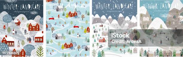 Winter Landscape Vector Illustration Of Nature City Houses People Trees And Mountains In The New Year And Christmas Holidays Drawings For Poster Background Or Card Stock Illustration - Download Image Now