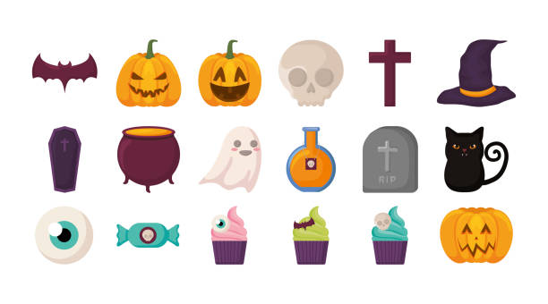 illustrations, cliparts, dessins animés et icônes de paquet halloween avec des icônes ensemble - pattern evil template continue