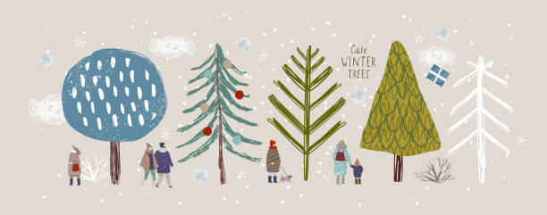 illustrazioni stock, clip art, cartoni animati e icone di tendenza di simpatici alberi invernali, illustrazione isolata vettoriale di alberi, foglie, abeti, arbusti, neve, persone e nuvole, oggetti di capodanno e natale ed elementi della natura per creare un paesaggio - tree abstract painted image vector