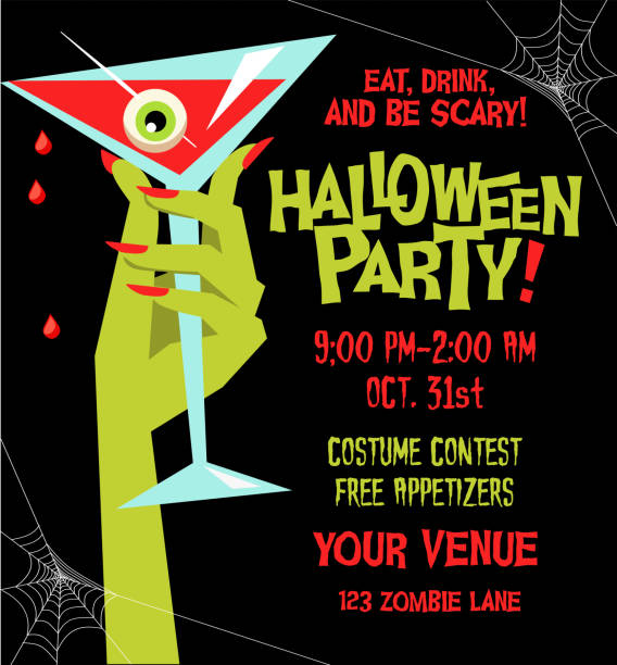 halloween party plakat szablon z ręką potwora gospodarstwa martini szkła wypełnione krwią i gałką oczną. - halloween stock illustrations