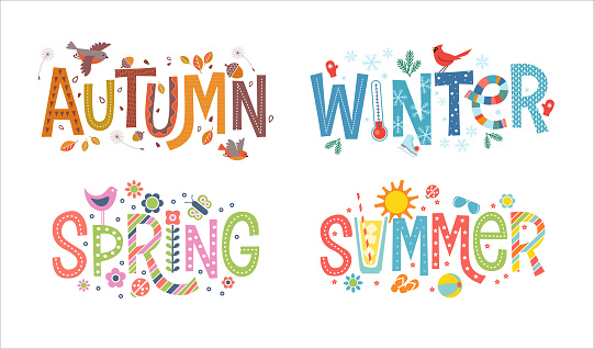 Set of decorative, illustrated words autumn, winter, spring and summer. Colorful typography with decorative design elements representing the 4 seasons. For banners, cards, posters and t-shirt designs.