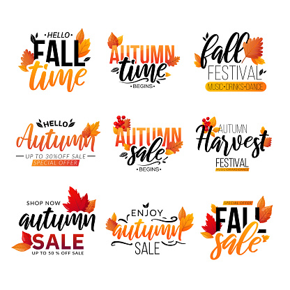 Autumn sale ad promotional lettering decorated with leaves.