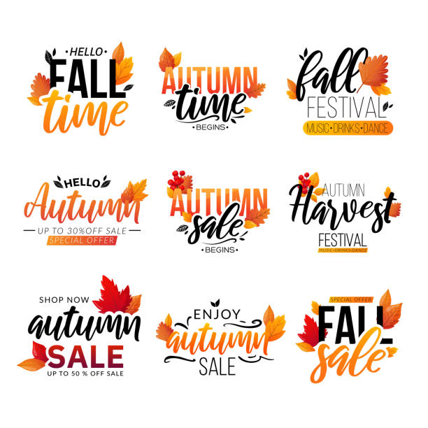 Set of fall text compositions isolated on white. Autumn sale ad promotional lettering decorated with leaves. autumn stock illustrations
