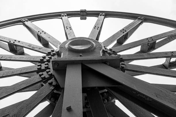 coal mine shaft tower wheel detail greyscale