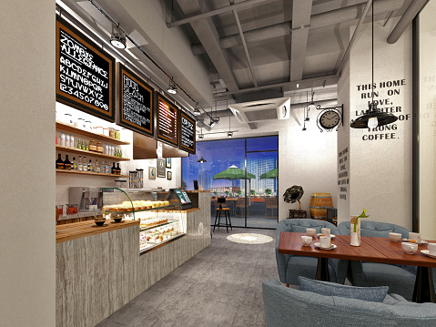 3d render. Cafe and restaurant interior.