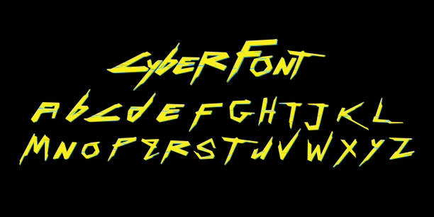 vektor-cyber-schriftart und alphabet. lumineszierende schriftart. retro futuristische vektor-schriftart. - punker stock-grafiken, -clipart, -cartoons und -symbole