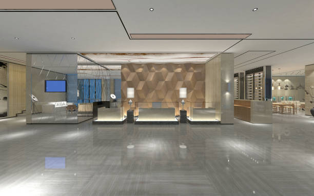 istock 3d render. Modern and luxury hotel reception and lobby interior. 1177115333
