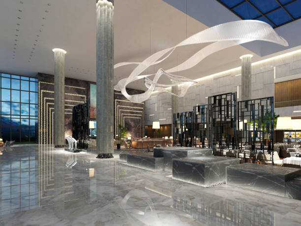 istock 3d render. Modern and luxury hotel reception and lobby interior. 1177115439