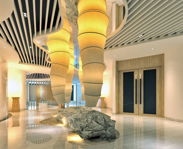 istock 3d render. Modern and luxury hotel reception and lobby interior. 1177116110