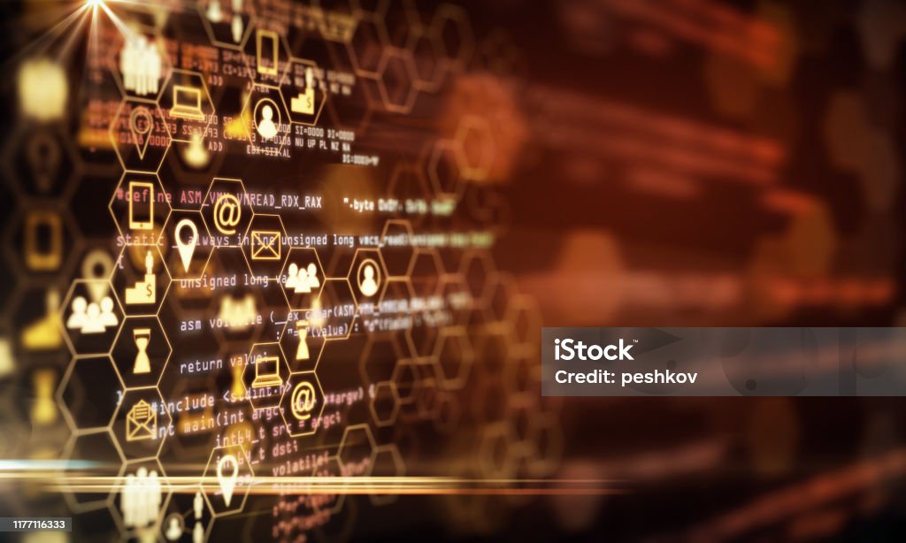 Innovation and technology concept Creative digital orange business interface on blurry background. Innovation and technology concept. 3D Rendering Blockchain Stock Photo