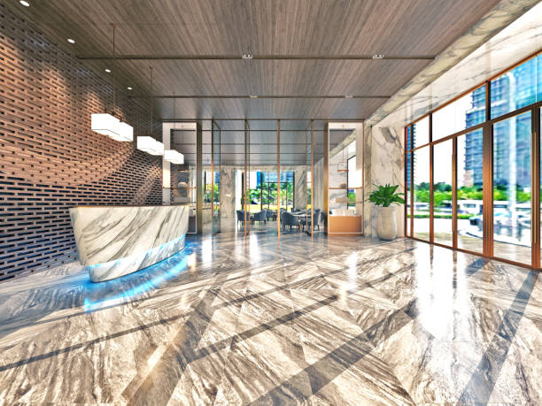 istock 3d render. Modern and luxury hotel reception and lobby interior. 1177116407