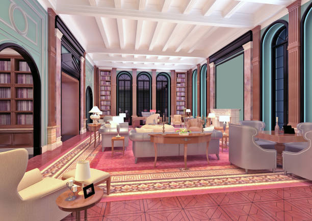 istock 3d render. Modern and luxury hotel reception and lobby interior. 1177116509