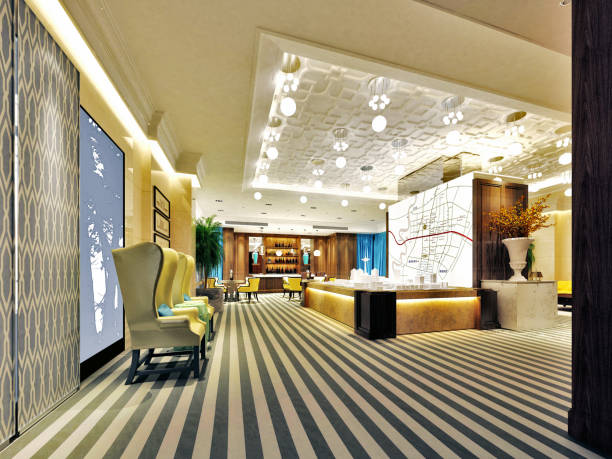istock 3d render. Modern and luxury hotel reception and lobby interior. 1177116525
