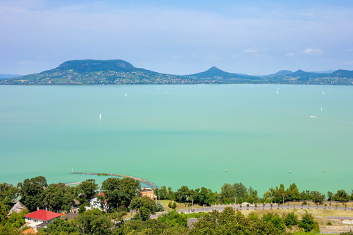 Panoramic view of lake Balaton with the Badacsony mountains in Hungary