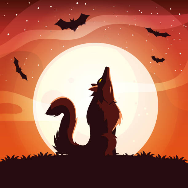 zły wilk wycie na księżyc w scenie halloween - dog biting aggression animal teeth stock illustrations