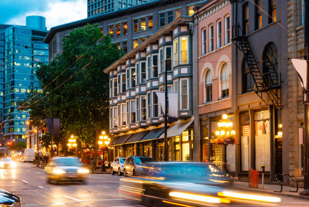 istock Night Traffic Driving with Motion Blurred in Downtown Vancouver Canada 1177117589