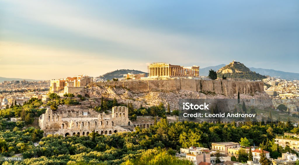 View of the Acropolis of Athens in Greece The Acropolis of Athens, UNESCO world heritage in Greece Athens - Greece Stock Photo